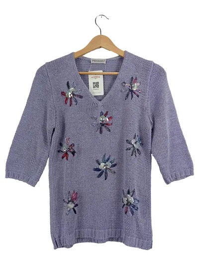 Fernando Pensato Strickpullover Damen Gr. 38 Lila Blumenapplikationen