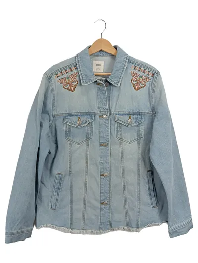 Springfield Damen Jeansjacke Gr. 40 L Blau mit Stickerei Casual