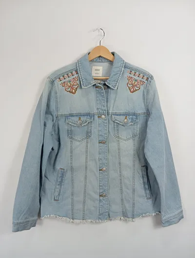Springfield Damen Jeansjacke Gr. 40 L Blau mit Stickerei Casual