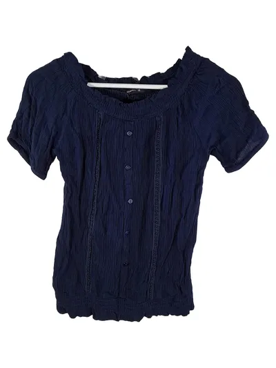 ENCUENTRO Damen Bluse Gr. 38/M Blau Kurzarm Viskose Freizeit Raffung Spitze