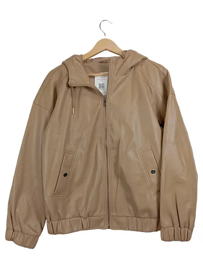 CARTOON Bomberjacke Damen L Beige Kapuze Reißverschluss Rippstrick Freizeit