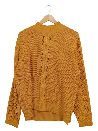 MONA Damen Pullover Gr. 48 Orange Lochmuster Zopfstrick Baumwolle