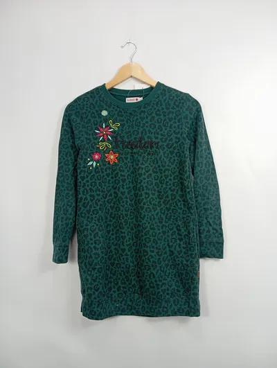 Boboli Mädchen Freizeitkleid Gr. 128 Grün Leopardenmuster Stickerei