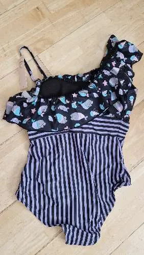 Pusheen Damen Badeanzug One-Shoulder Rüschen Katzen Streifen Gr. M