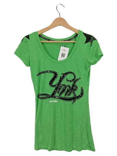 YUMIKO Damen T-Shirt Grün Gr. 36/S Casual Pailletten Schriftzug