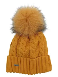 ACHTI Damen Bommelmütze Gelb Zopfstrick Casual Wintermütze 1