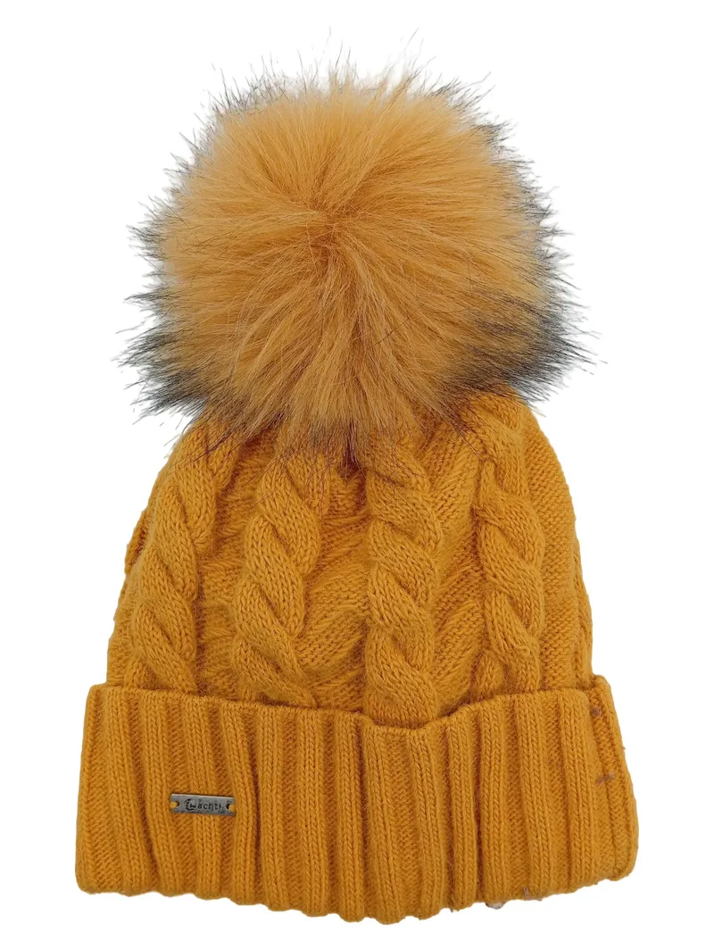 ACHTI Damen Bommelmütze Gelb Zopfstrick Casual Wintermütze 1