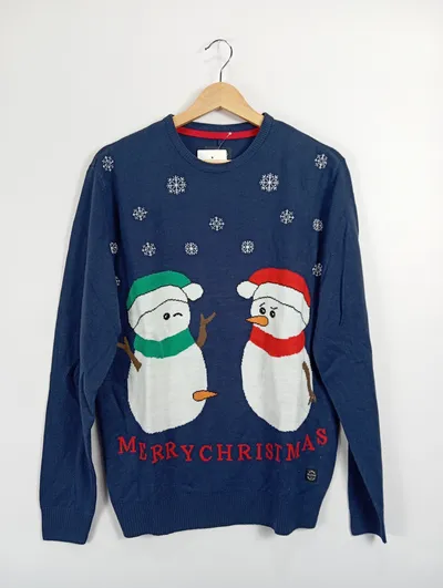 BLEND Herren Weihnachtspullover Schneemann Motiv Blau Gr. 48/M