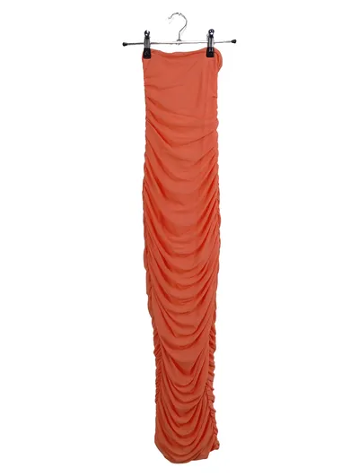 POLLY Damen Abendkleid Bodycon Mesh gerafft trägerlos Gr. 32 Orange Elegant
