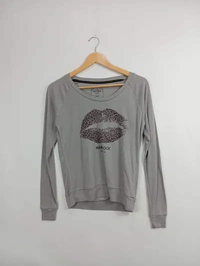 Hard Rock Cafe Damen Langarmshirt Grau XS Lippenprint Casual