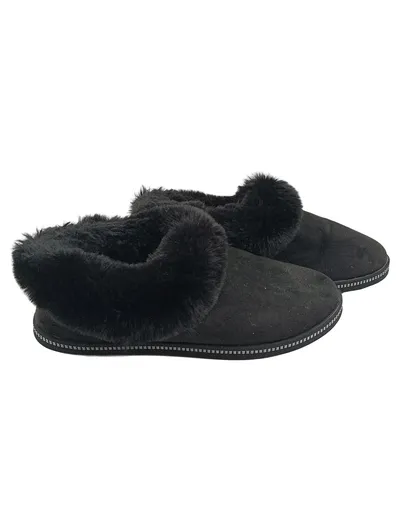 SKECHERS Damen Hausschuhe Gr. 39 Schwarz Fellbesatz Komfortabel Freizeit