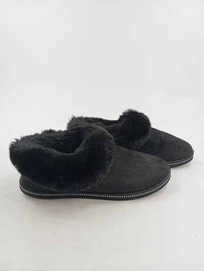 SKECHERS Damen Hausschuhe Gr. 39 Schwarz Fellbesatz Komfortabel Freizeit