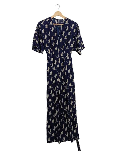 Yumi Damen Freizeitkleid Gr. 38 Blau Kranichmuster Viskose Maxikleid