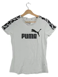 PUMA Damen T-Shirt Logo Print Banddetail Ärmel Weiß Gr. S Sportlich 1