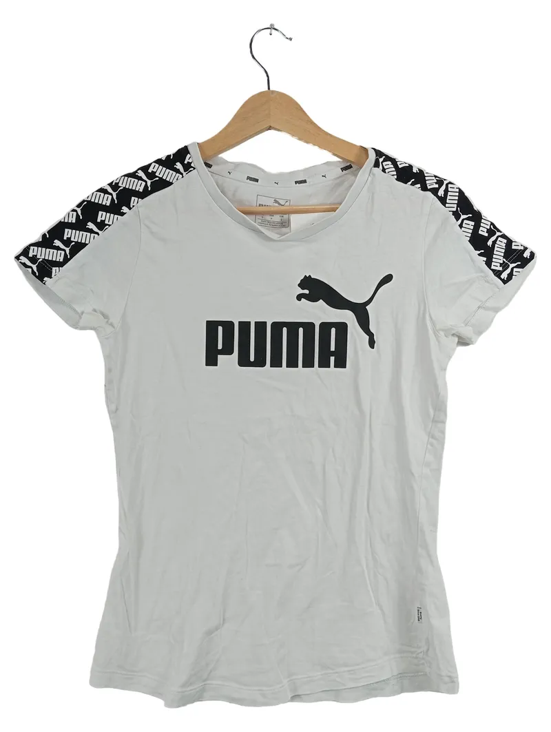 PUMA Damen T-Shirt Logo Print Banddetail Ärmel Weiß Gr. S Sportlich 1