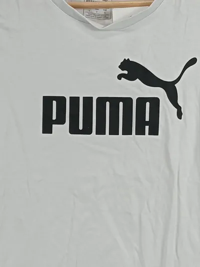 PUMA Damen T-Shirt Logo Print Banddetail Ärmel Weiß Gr. S Sportlich